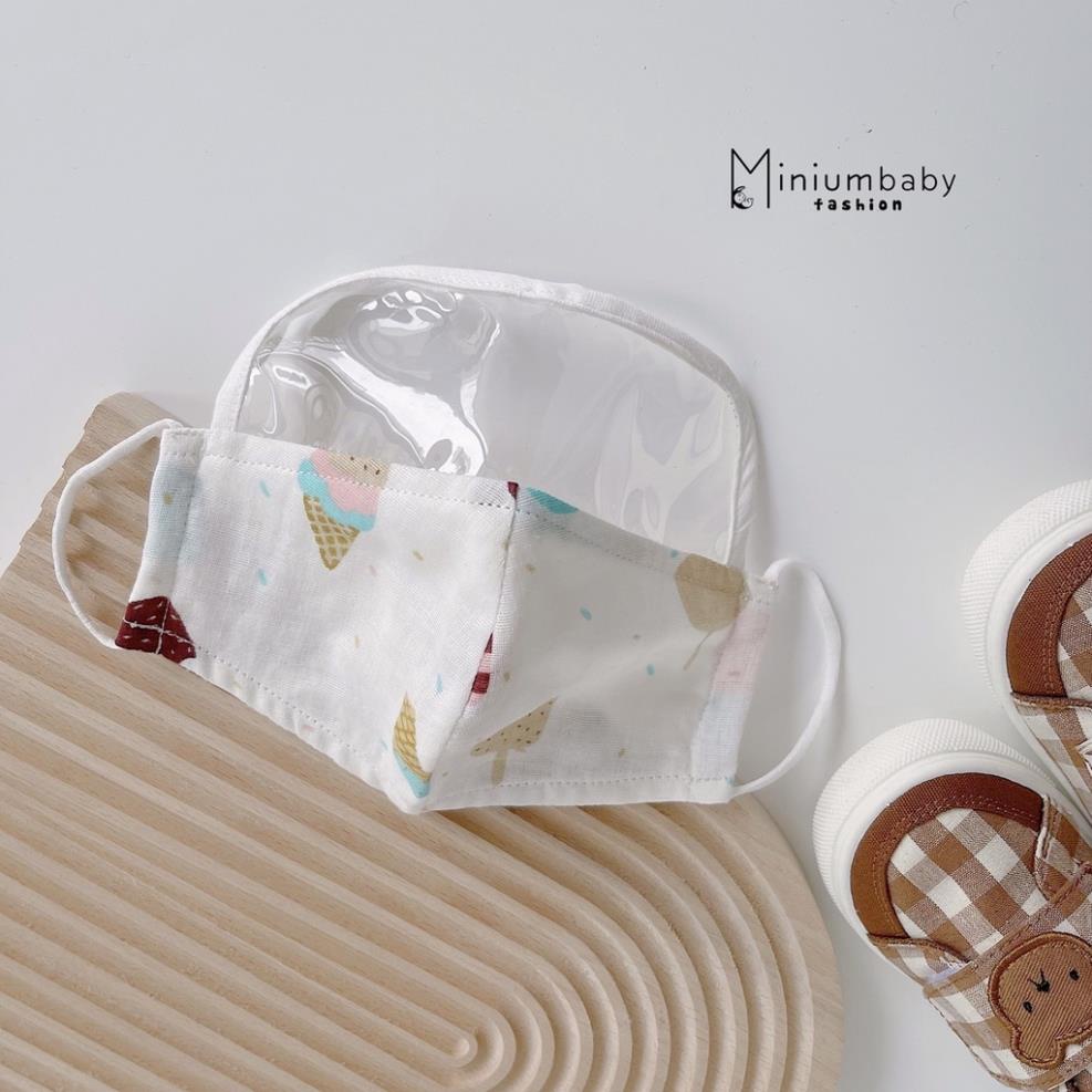 Combo 3 khẩu trang chống bụi có kính chắn xô muslin Minium, họa tiết ngộ nghĩnh đáng yêu-KC1150