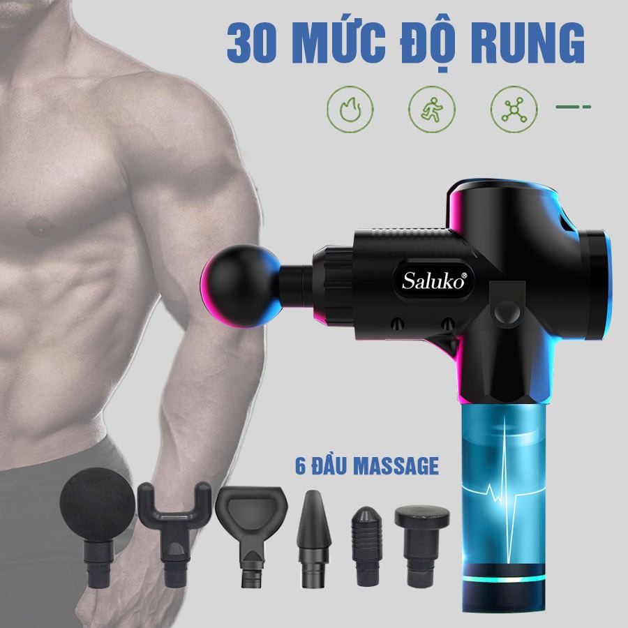 [BH CHÍNH HÃNG] SÚNG, MÁY MASSAGE CẦM TAY CAO CẤP CÁT Á EM009 ĐEN CACBON - 30 Mức độ rung, 6 đầu trị liệu- Trị đau nhức!