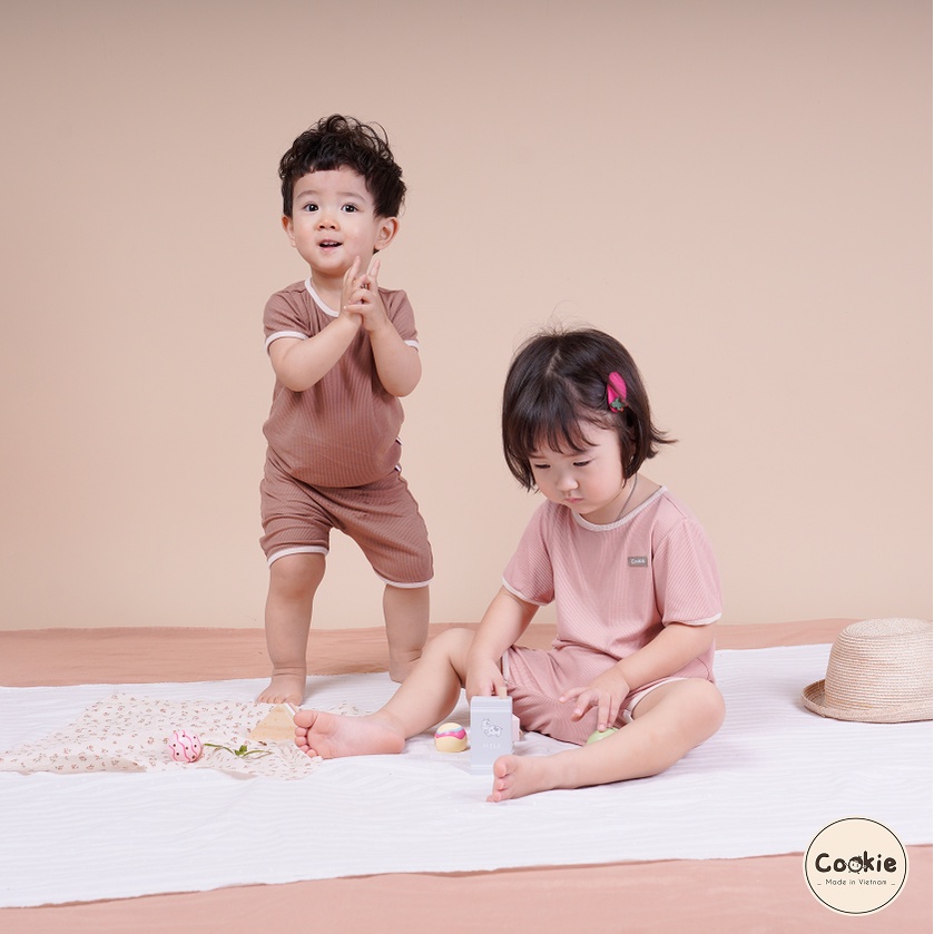Bộ cộc tay chui đầu phối viền COOKIE cho bé - chất cotton tăm mềm mát