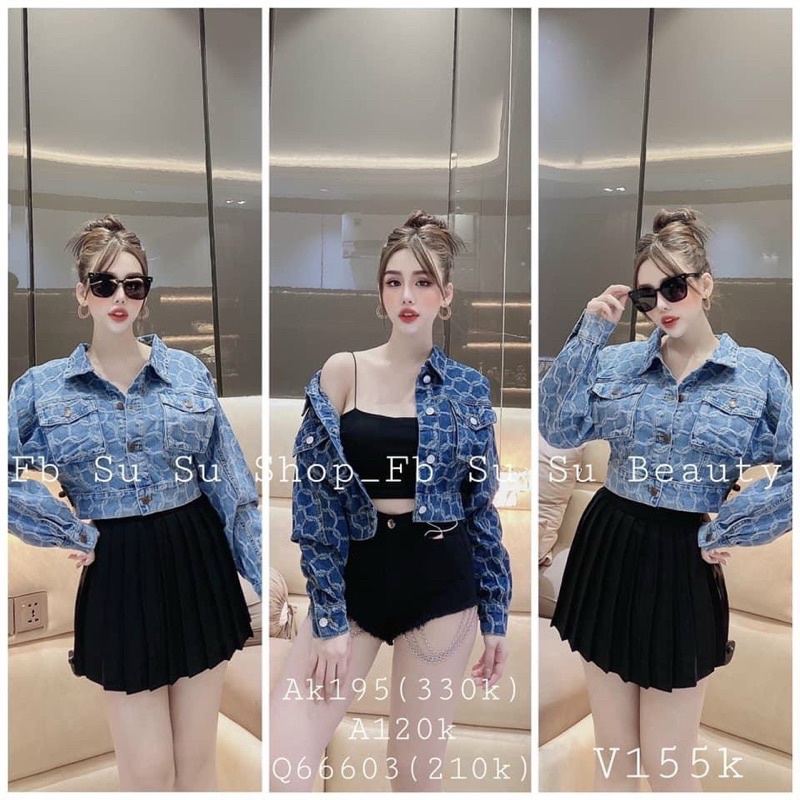 Áo khoác jean dệt cổ bẻ phối túi hộp hai bên tay dài!