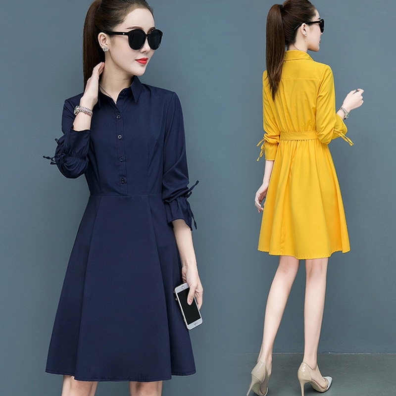 Đầm sơ mi nữ dáng xoè kèm dây thắt nơ, đầm công sở Da52
