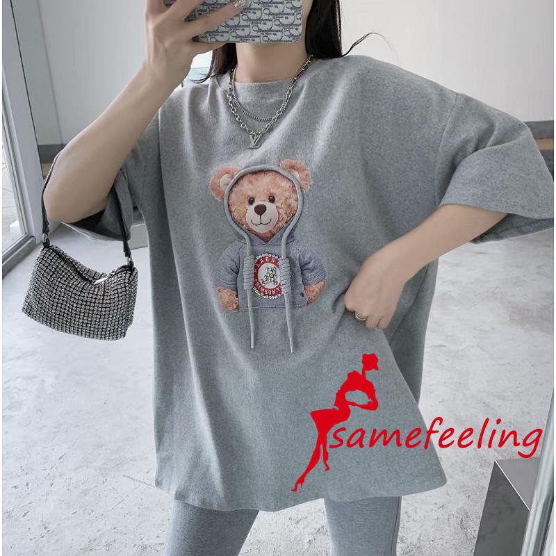 Sf Áo Thun Tay Ngắn Cổ Tròn Dáng Rộng In Hình Gấu Kèm Dây Đeo Thời Trang Mùa Hè Cho Nữ
