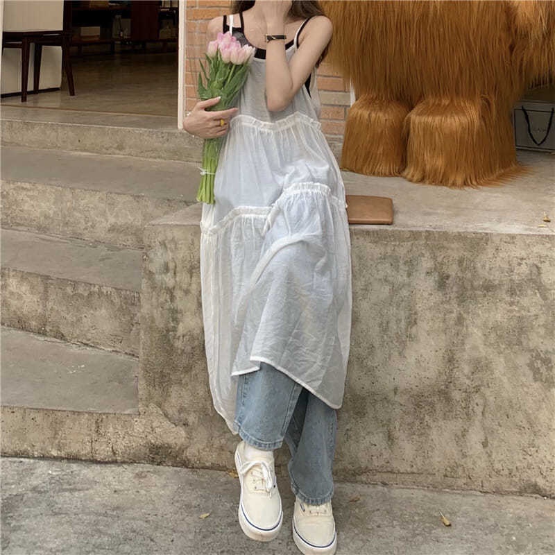 Đầm Hai Dây Phối Lưới Xuyên Thấu Màu Trắng Thời Trang Mùa Hè Cho Nữ Mặc Ngoài Trời
