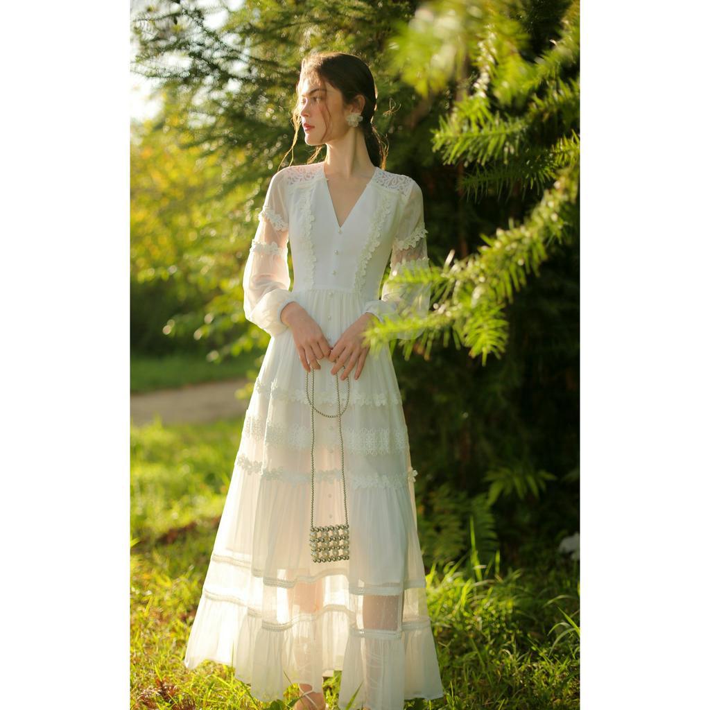 SÒ VINTAGE -THEA đầm maxi phối ren cổ V