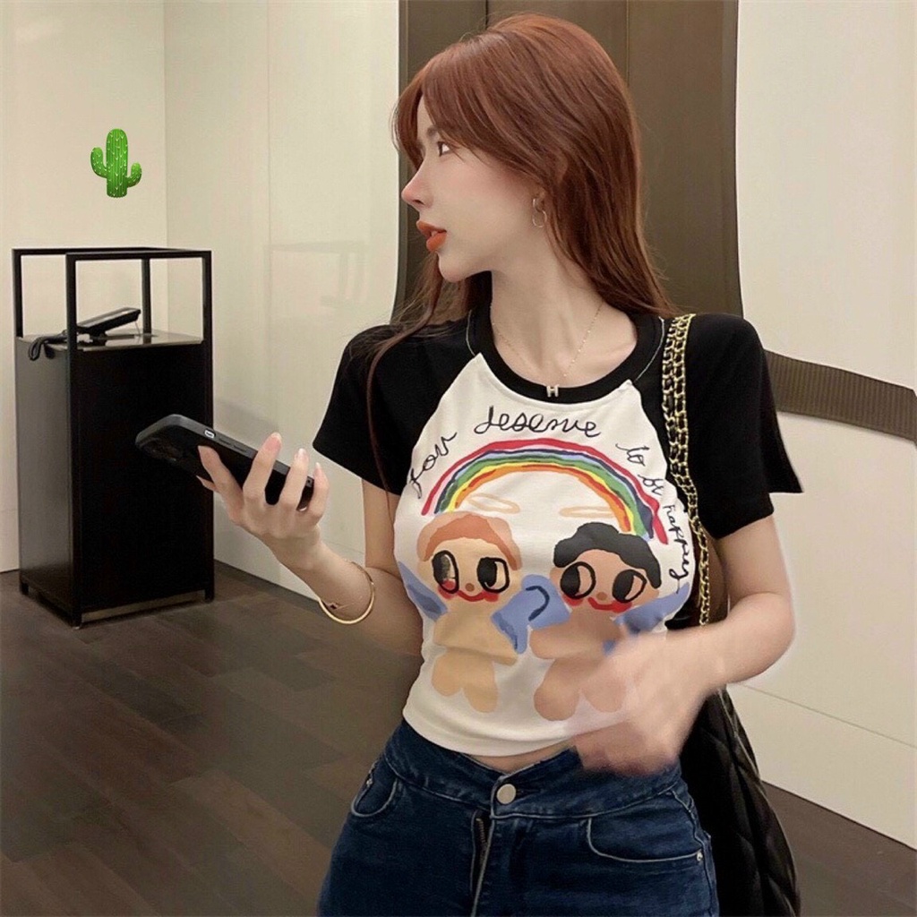 Áo thun nữ in hình họa tiết 2 thiên thần dáng croptop tay ngắn cổ tròn hot PC45