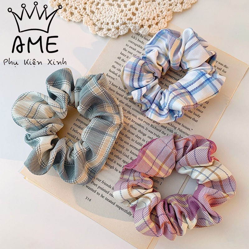 Dây buộc tóc Scrunchies, Họa Tiết Caro Vintage Hàn Quốc, Chun Buộc Tóc Scrunchies Cứng