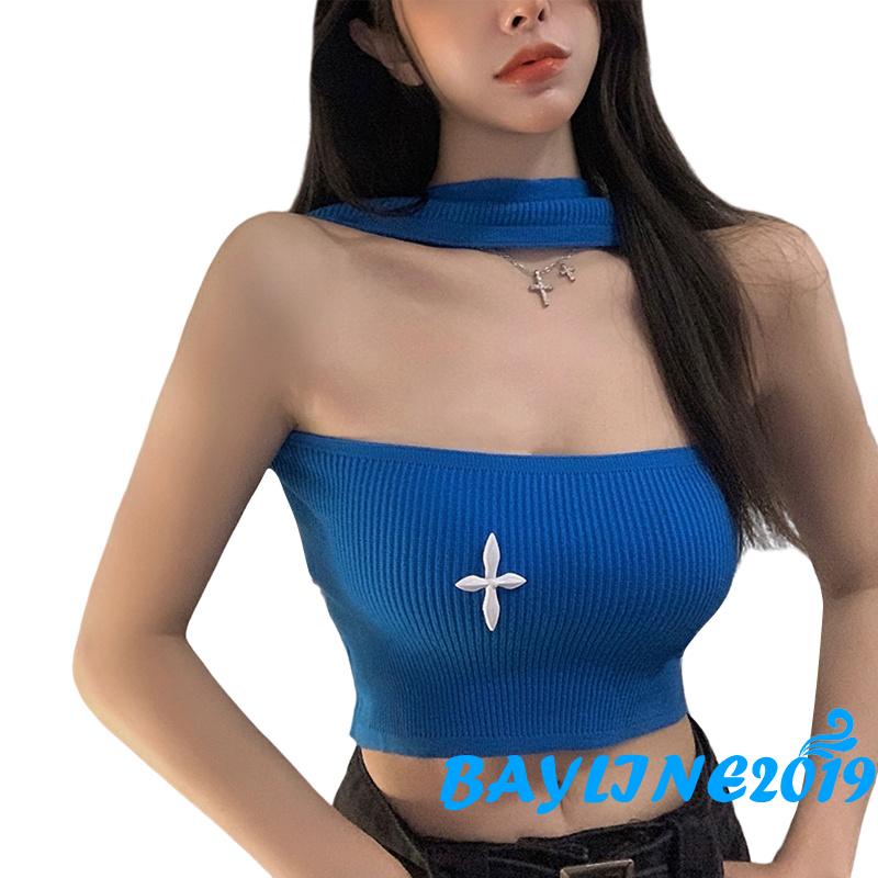 Áo Lửng Dệt Kim Cổ Yếm Chéo Không Tay Màu Trắng/Đen/Xanh Dương Cho Nữ