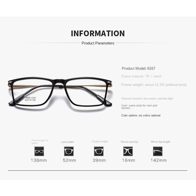 Kính Mát Gọng Vuông Nhỏ Chống Ánh Sáng Xanh TR90 Phong Cách Hàn Quốc Cổ Điển Dành Cho Nam Nữ