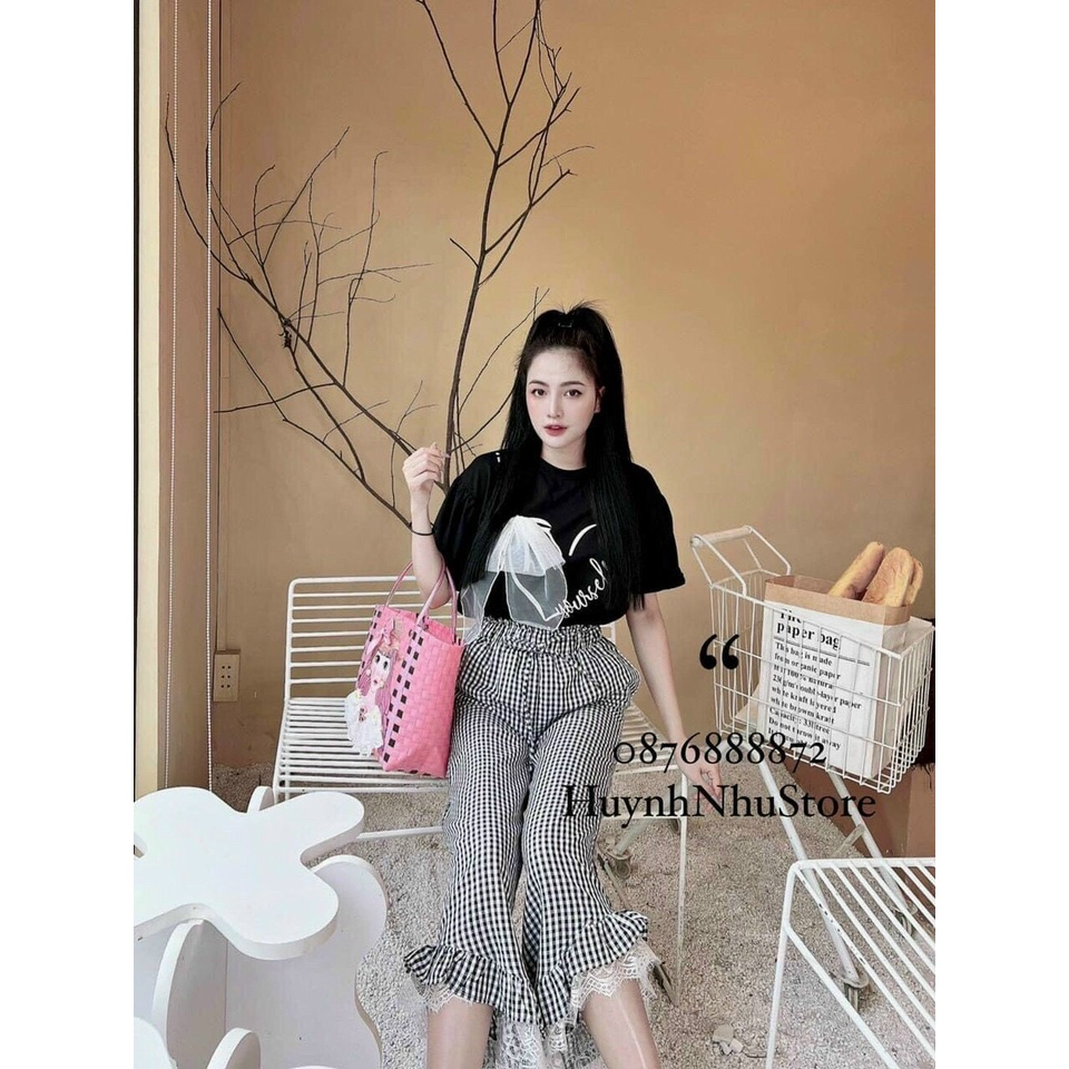 sét bộ cotton quần sọc caro phối áo tim nơ