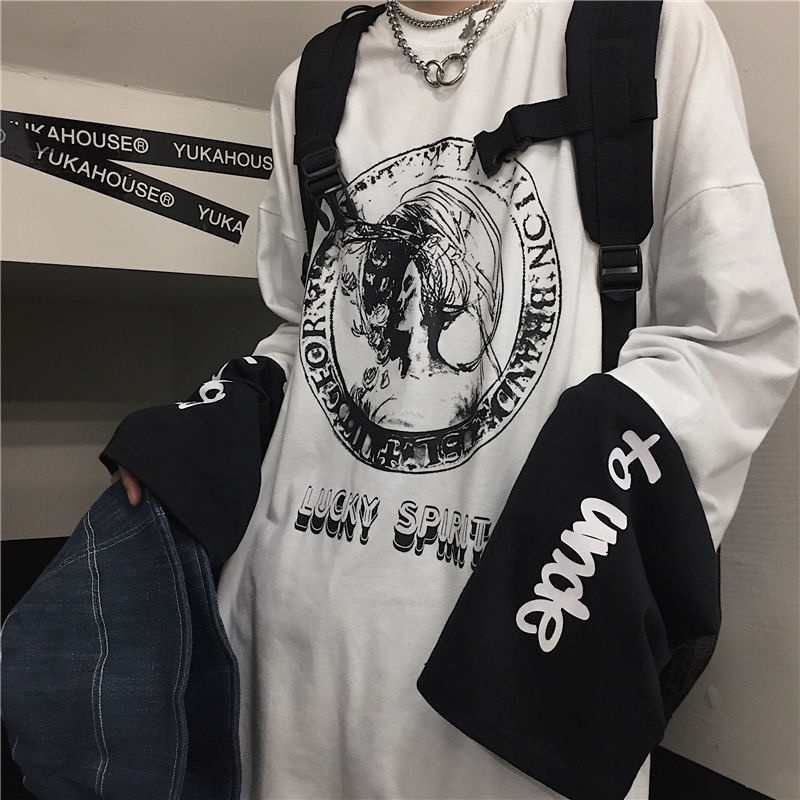 Áo Thun Tay Dài Giả Hai Lớp Dáng Rộng In Họa Tiết Anime Phong Cách Hip Hop Cho Nam