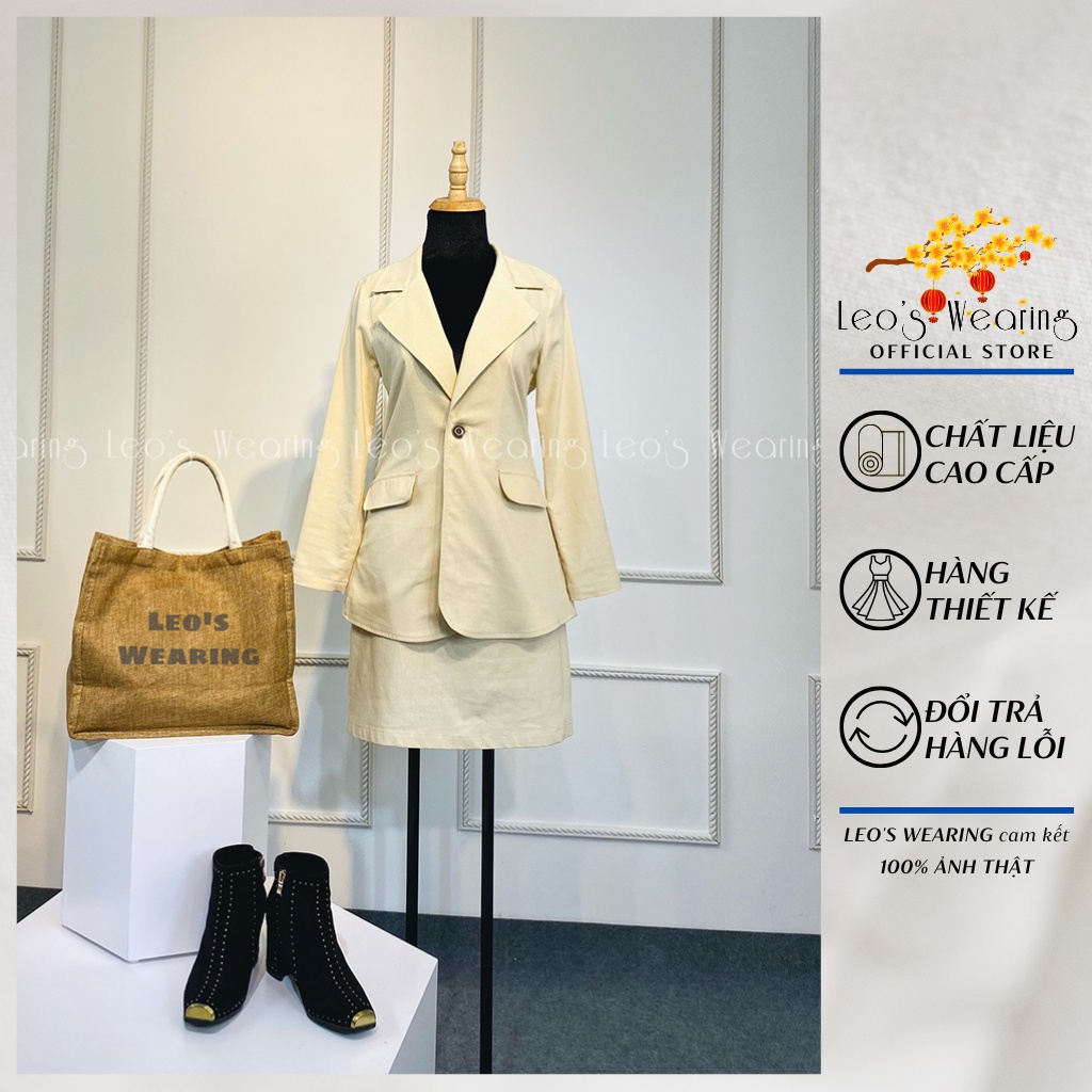 Set vest váy LEOSWEARING chân váy chữ A có túi mix áo blazer tay dài hàn quốc linen bột sang chảnh E94 H48