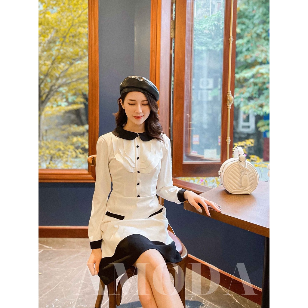 Váy Đầm nữ thiết kế cao cấp tiểu thư trắng phối đen siêu xinh AMODA VD005