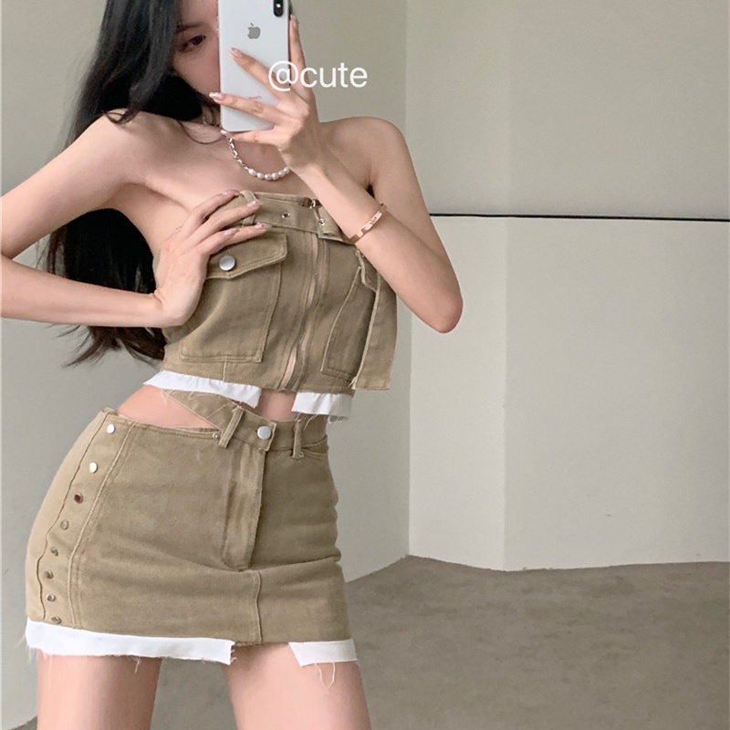 Set Áo Ống Denim + Chân Váy Lưng Cao Thiết Kế Quyến Rũ Thời Trang Mùa Hè