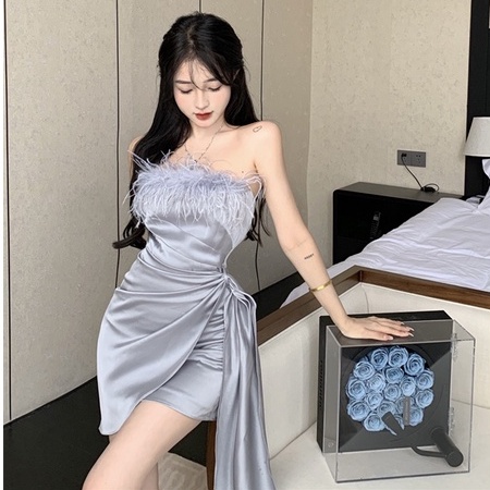 Đầm Satin Mỏng Cổ Gấp Eo Cao Gợi Cảm Mùa Hè Phong Cách Mới Kiểu Pháp Cho Nữ