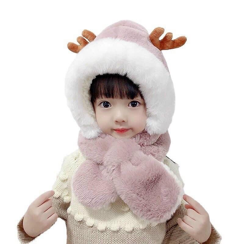 Khăn Mũ Lông Cừu Giữ Nhiệt -Mũ lông cừu tai tuần lộc kèm khăn quàng cổ Hàn Quốc cho bé mùa thu đông