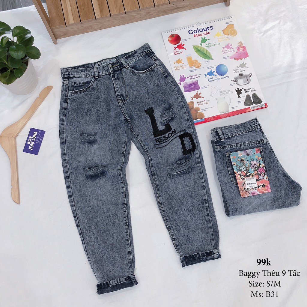 ⚡Hình Thật⚡QUẦN BAGGY JEANS THÊU 9tấc, RÁCH GỐI
