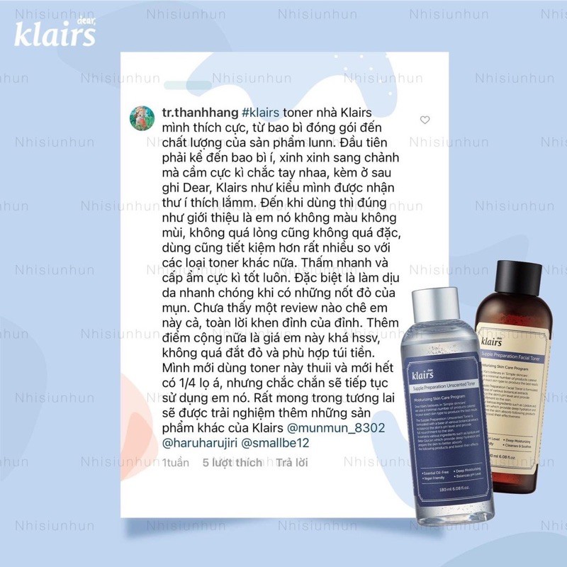 Nước hoa hồng Klairs Supple Preparation Facial Toner và Supple Preparation Unscented Toner