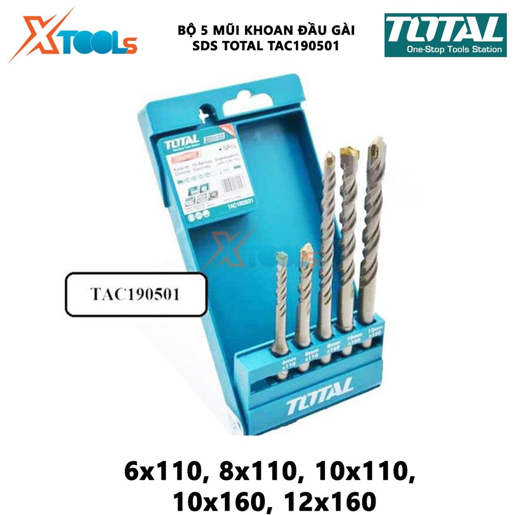 Bộ 5 mũi khoan bê tông TOTAL TAC190501 Combo 5 mũi khoan đuôi gài 5 mũi có kích thước 5x85, 6x100, 6.5x120, 8x120, 10x1
