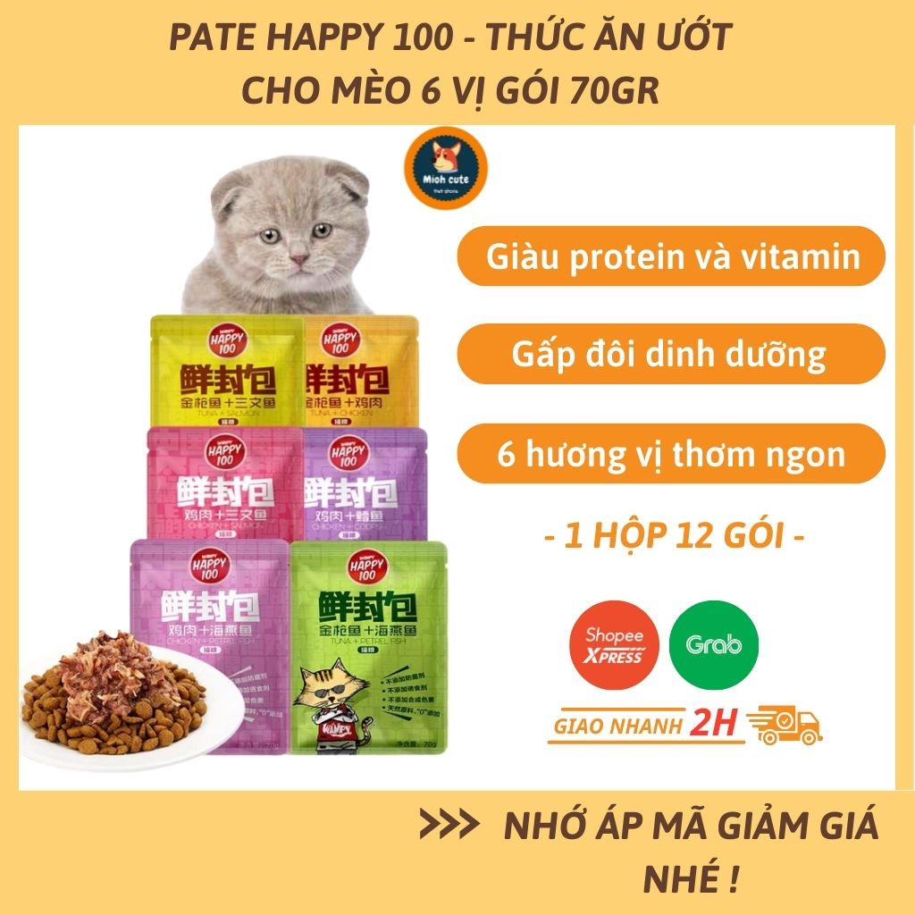 Pate cho mèo Wanpy Happy 100 - Thức ăn ướt cho mèo 6 vị gói 70gr