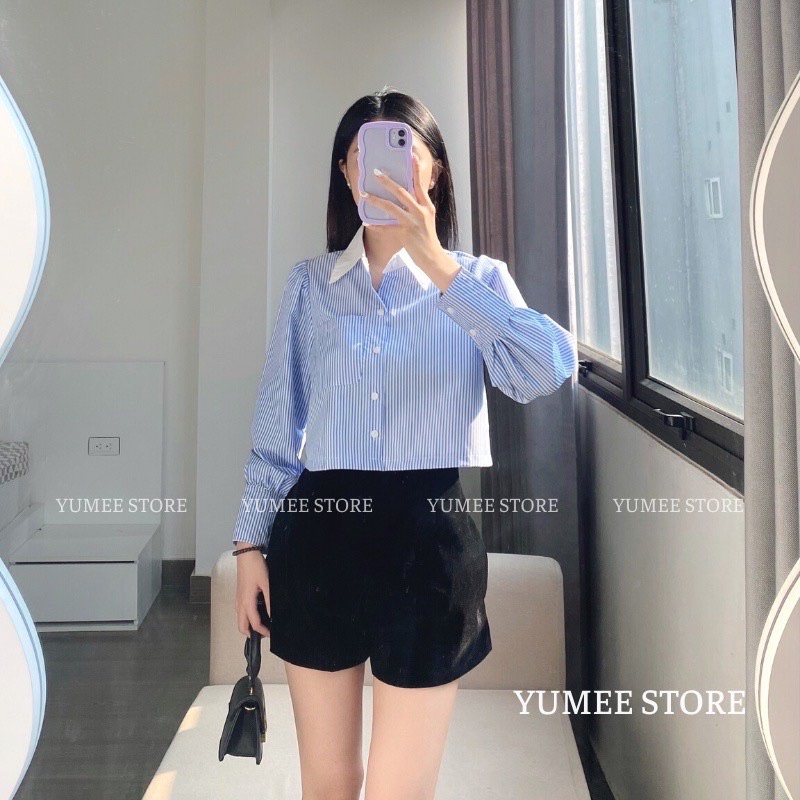 Áo Sơmi Kẻ Xanh Cổ Trắng Dáng Ngắn Siêu Xinh