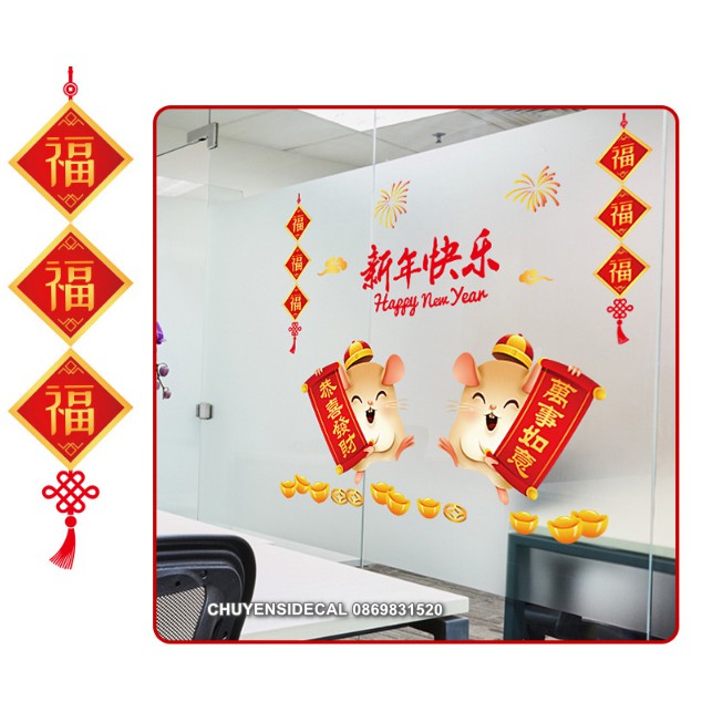 Decal dán Tết - Cặp Chuột Cầm tờ Liễu chúc Xuân