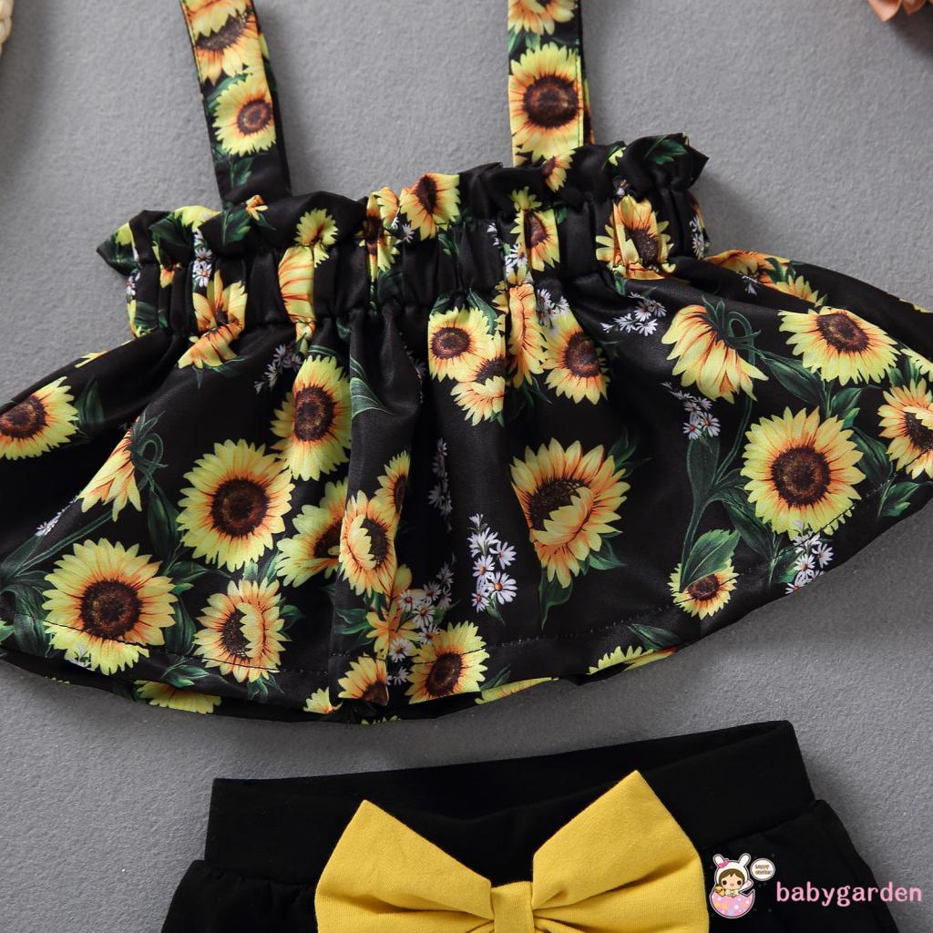 Set Đồ Mùa Hè 2 Món Gồm Áo Hai Dây In Hoa Hướng Dương + Chân Váy Yếm Đính Nơ Cho Bé Gái 0-12 Tháng Tuổi