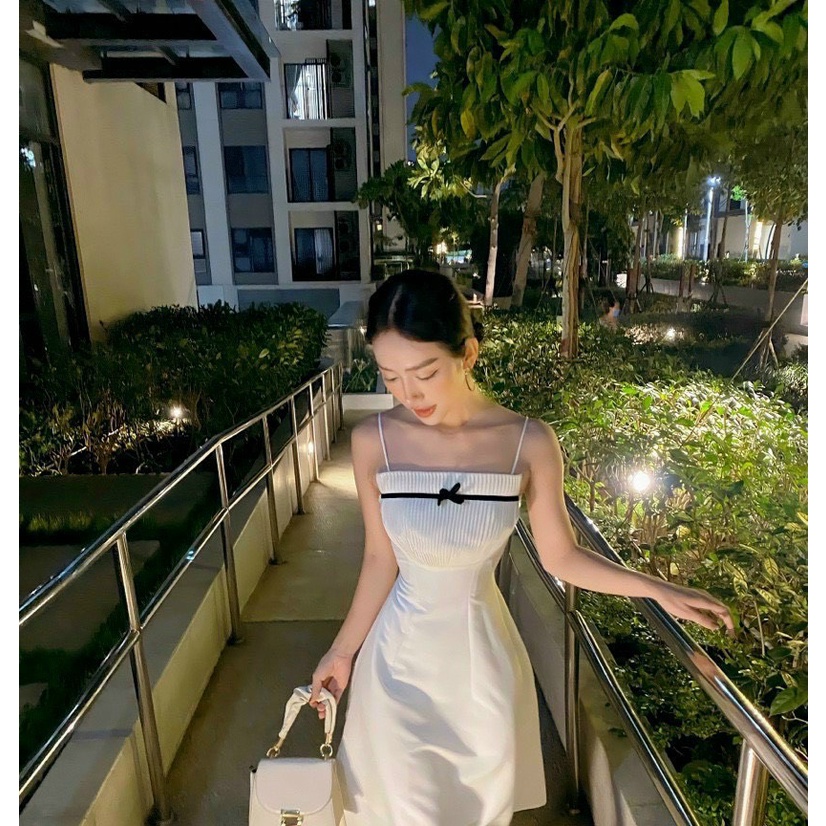 D80[Hình Thật] Đầm Hai Dây Xòe Xếp Ly Nơ Ngực, Đầm Kiểu Nữ Dự Tiệc Sang Chảnh, Freesize, Đầm Nữ Xếp Ly Hot Trend 2022