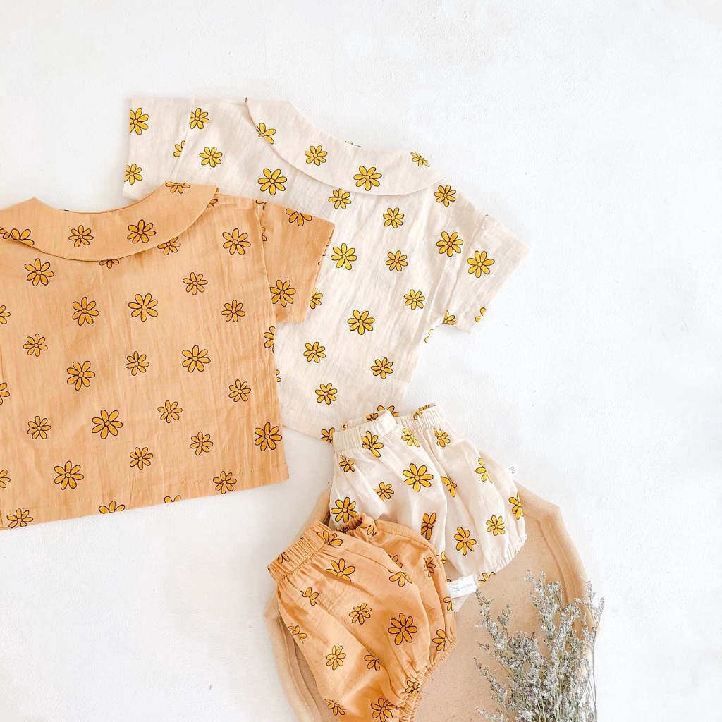 Bộ áo + quần họa tiết hoa hướng dương mùa hè cho bé gái sơ sinh