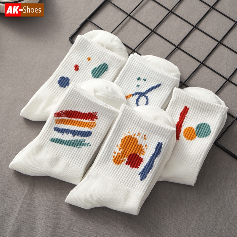 Set 5 đôi tất cổ cao nam nữ, vớ nữ nam màu trắng kháng khuẩn phong cách thời trang Hàn Quốc