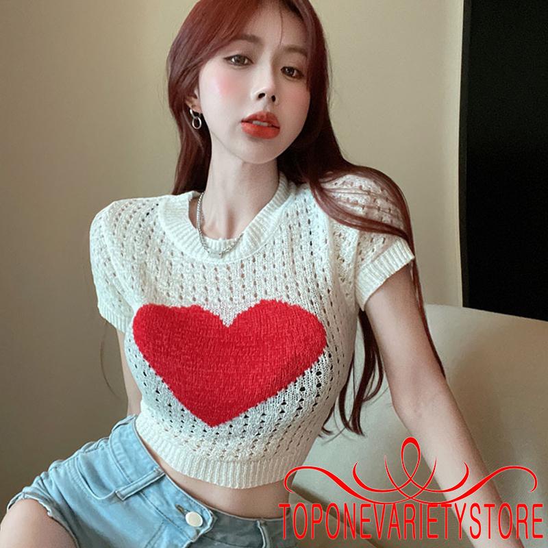 Áo Croptop Dệt Kim Tay Ngắn Cổ Tròn In Họa Tiết Trái Tim Màu Đỏ Phong Cách Đường Phố Cho Nữ