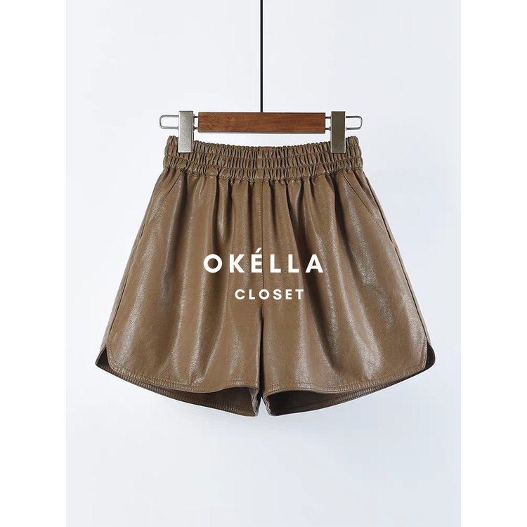 Quần short da PU cạp chun xẻ nhẹ 2 bên, quần sooc nữ chất chuẩn xịn Quảng Châu Okella
