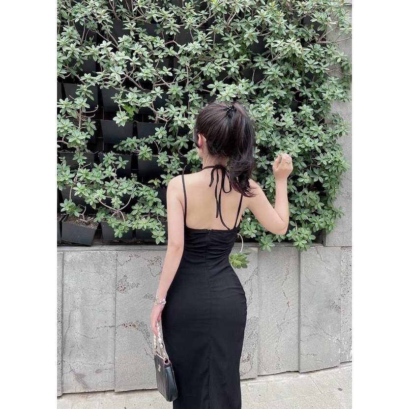 đầm gân body suông kiểu cổ dây yếm hở lưng