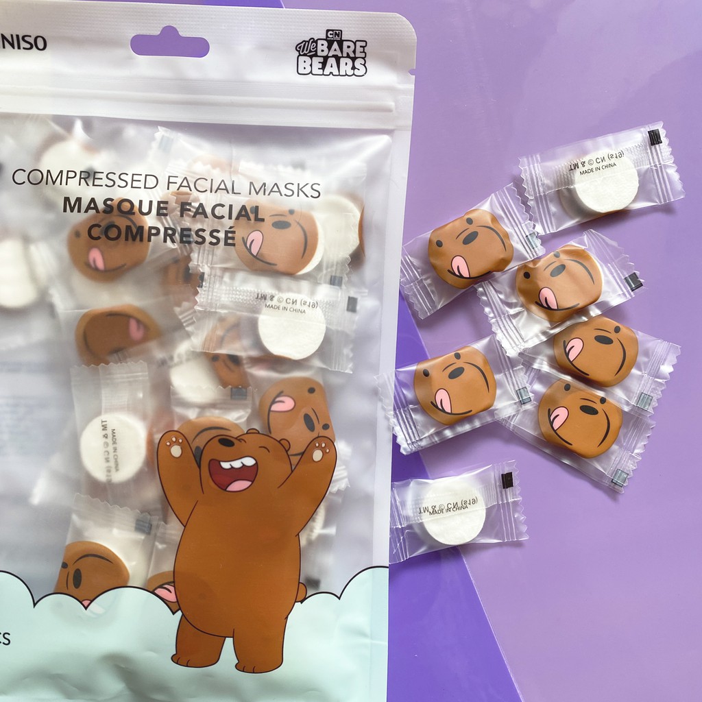 Mặt nạ viên nén hình gấu We bare bears x Miniso loại giấy nén và than tre