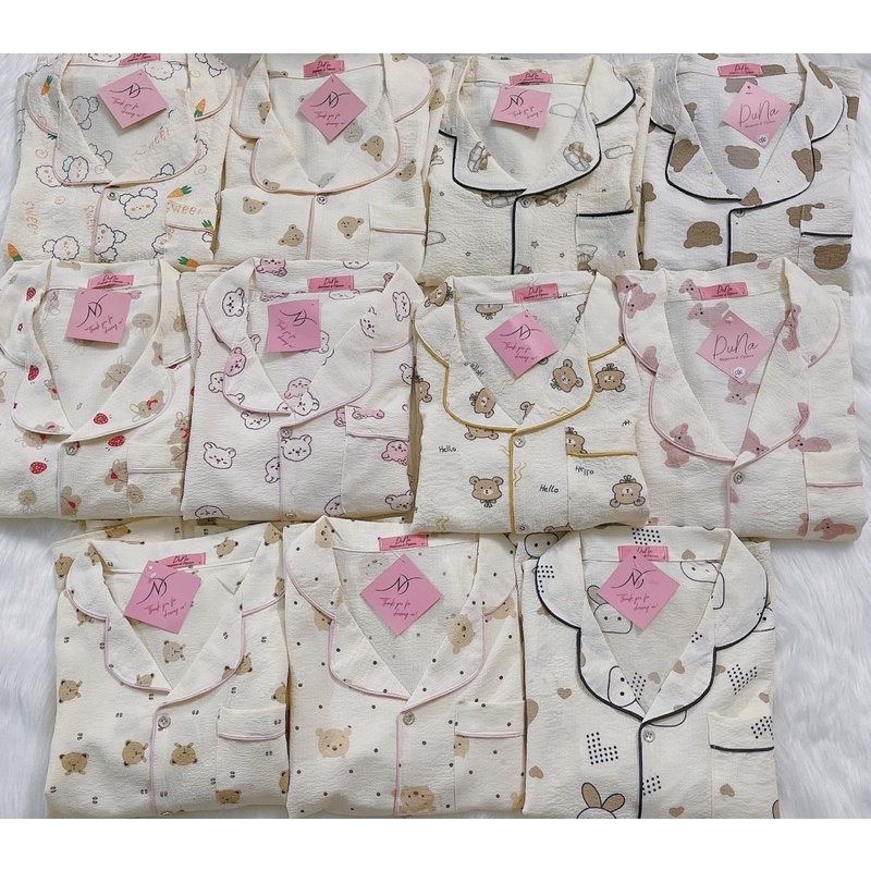 Bộ ngủ pijama vải đũi xốp,mềm mát hoạ tiết dễ thương