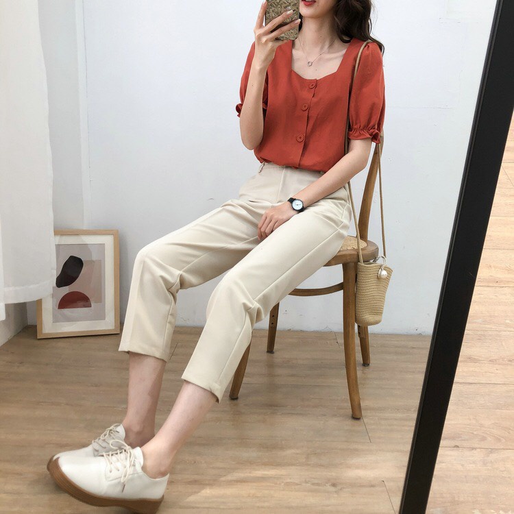 Áo croptop nữ tay phồng áo tay ngắn dễ thương