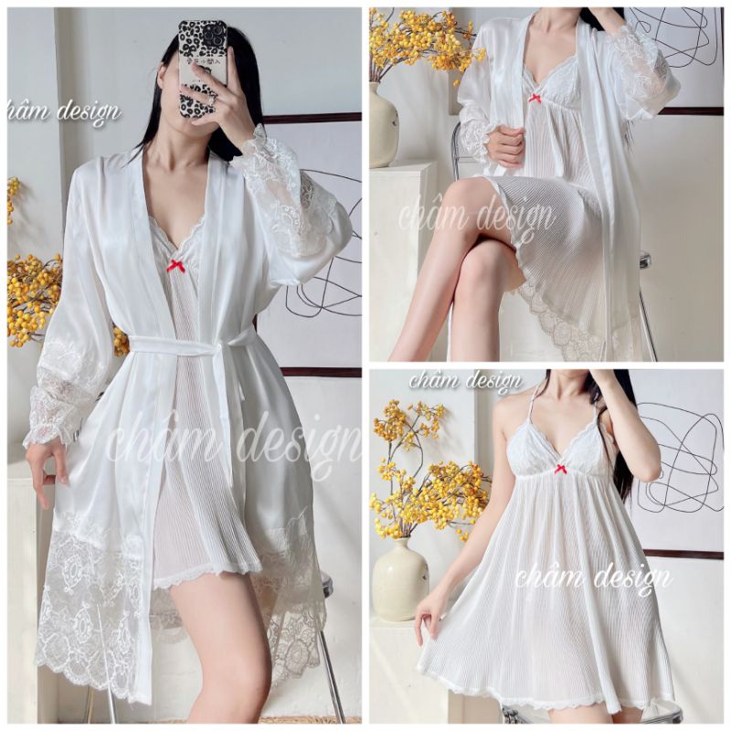 sét váy ngủ voan xếp ly cao cấp kèm choàng lụa satin pha ren trắng siêu đẹp, hàng thiết kế độc quyền tại shop