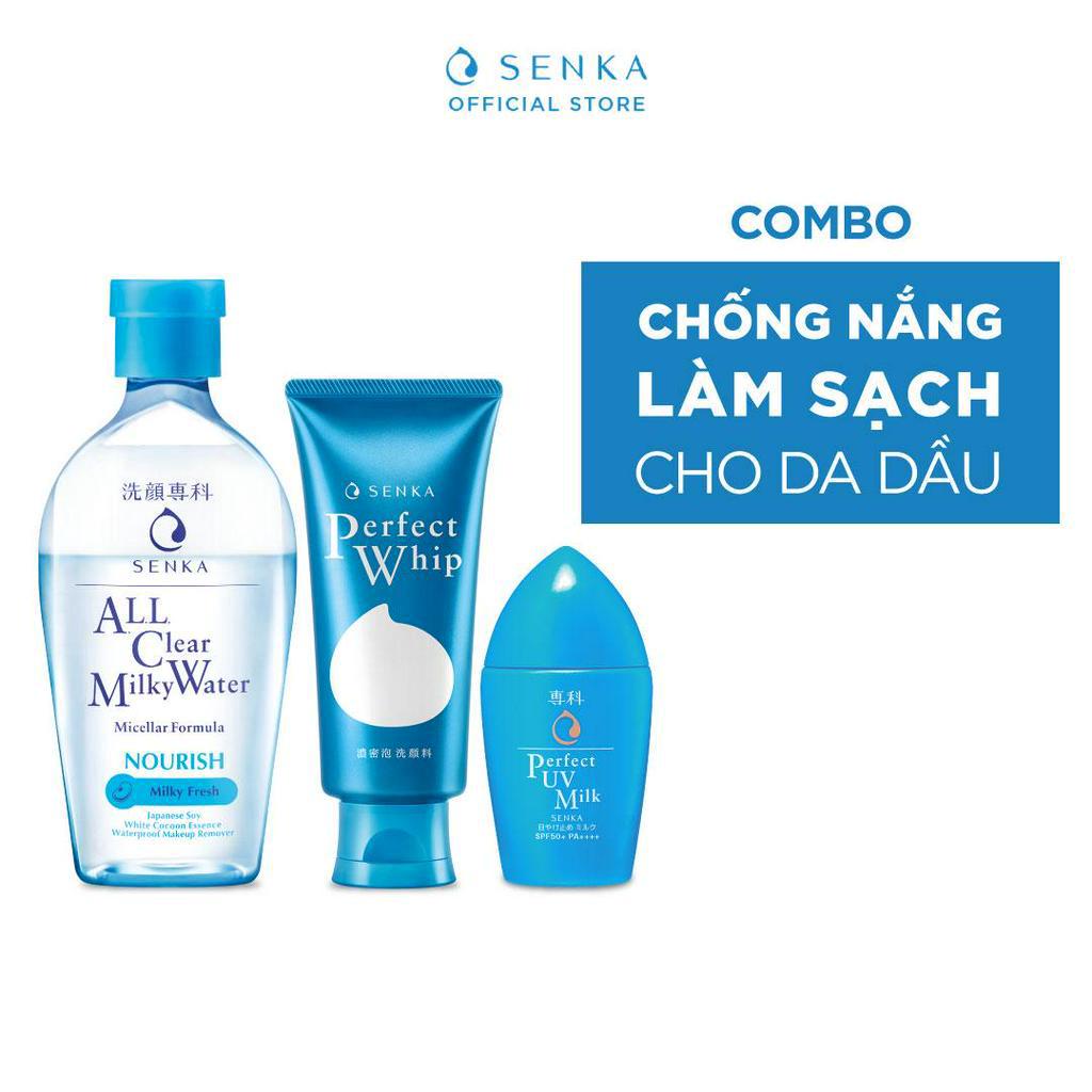 Bộ sản phẩm bảo vệ&amp;làm sạch toàn diện Senka(sữa chống nắng UV Milk+nước tẩy trang Milky Water+sửa rửa mặt Whip)