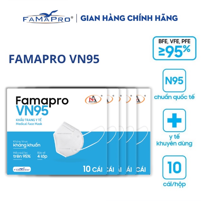 COMBO 5 HỘP Khẩu trang y tế kháng khuẩn 4 lớp Famapro VN95 [HỘP10 CÁI]