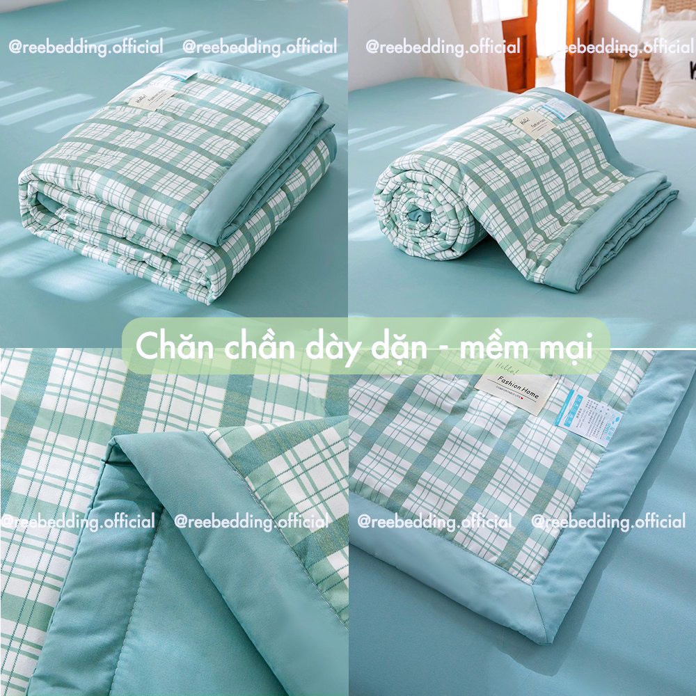 Bộ chăn ga gối Chần Bông Cotton TC REE Bedding caro xanh mint đủ size giường nệm CTC114