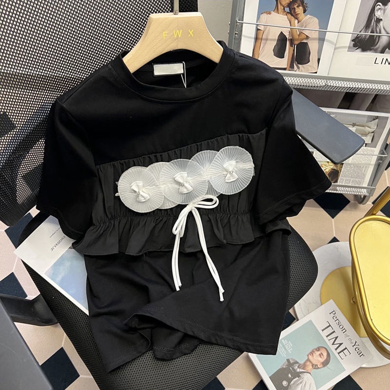 Japanese retro short sleeve T-shirt women's summer 2022 new design sense three-dimensional flower Ruffle bow top