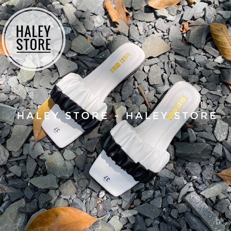 Dép nữ HALEY STORE mũi vuông đế bệt quai ngang nhún nhúm nhung bèo phối nhiều màu hot bò sữa hồng hottrend