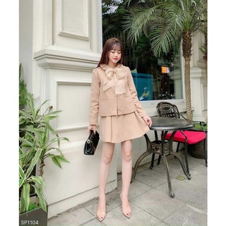 Đầm suông 🔥Set váy xếp li áo blazer dài tay cột nơ cổ màu nude