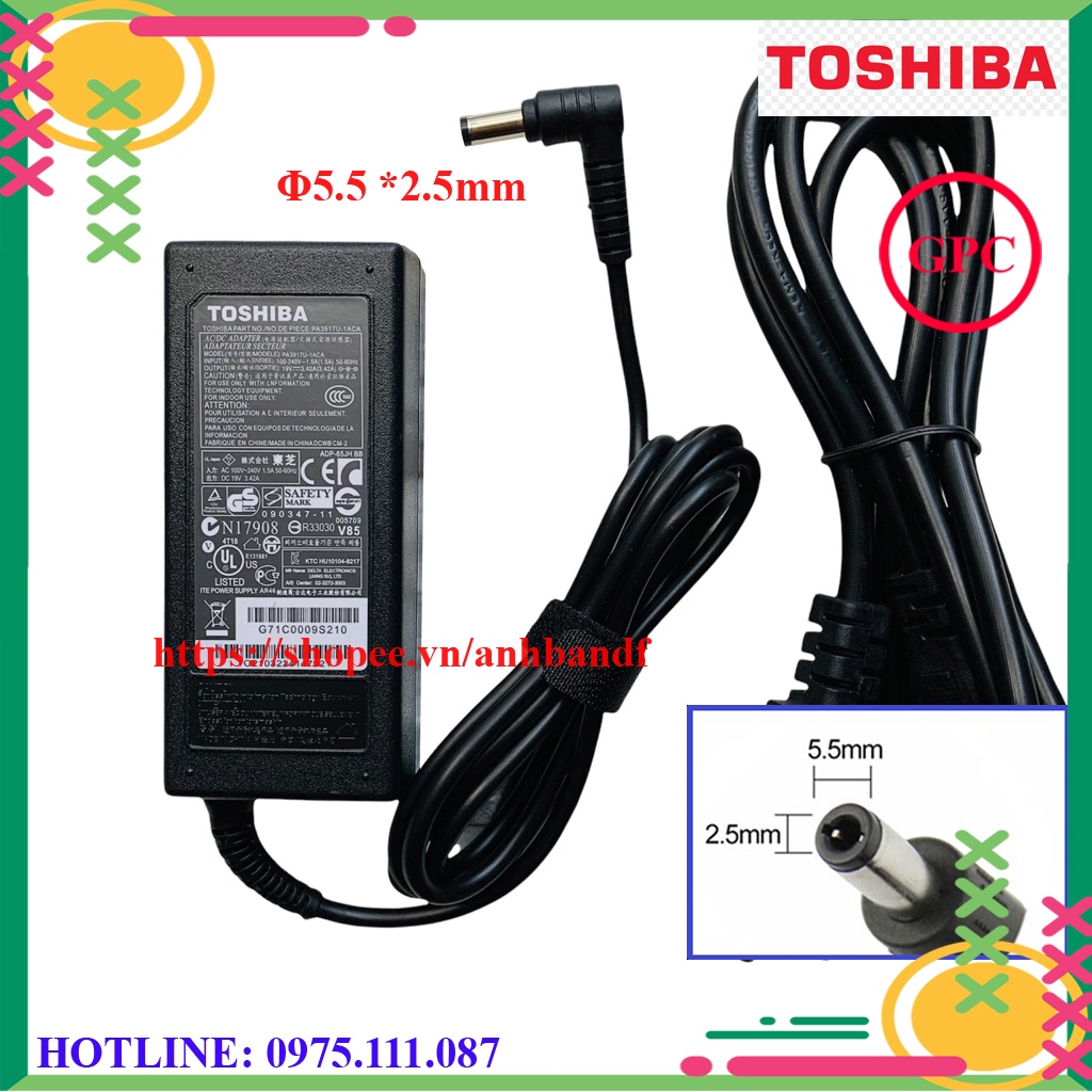 Sạc Laptop Toshiba 19v 3.42a 65w - Adapter laptop Toshiba (FREE SHIP ĐƠN TỪ 50K)