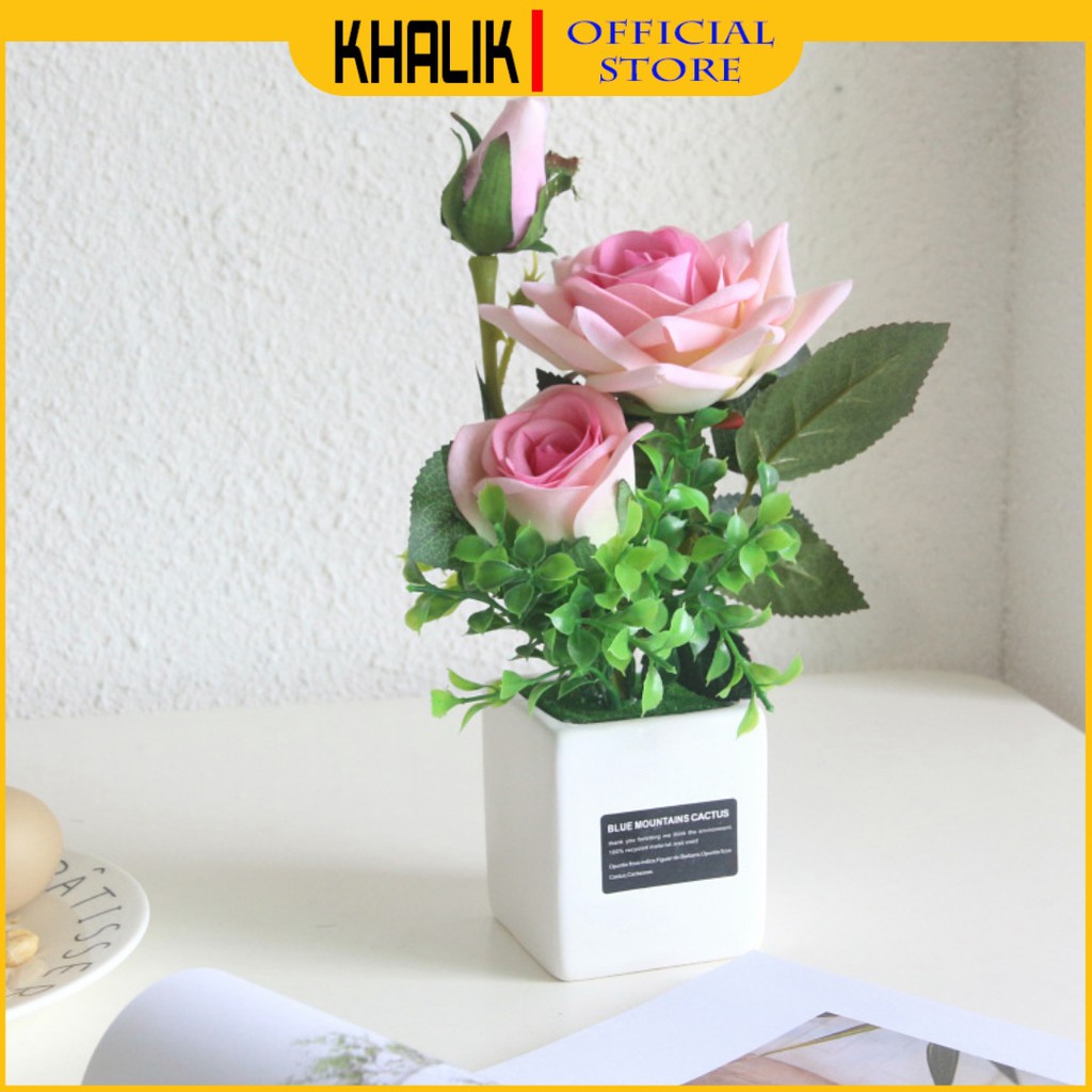 Hoa giả trang trí Decor KHALIK - HỒNG 3 BÔNG - HF009 - Đã bao gồm cả chậu sứ