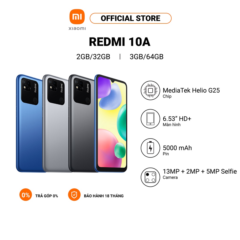 Điện thoại thông minh XIAOMI Redmi 10A 2GB+32GB/3GB+64GB MediaTek Helio G25 | 6,53" HD+