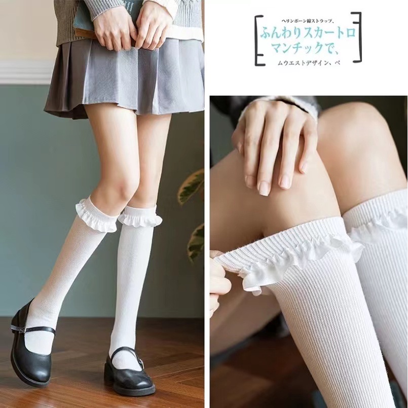Vớ Cotton Phối Ren Mỏng Màu Trắng Đen Phong Cách Học Sinh lolita