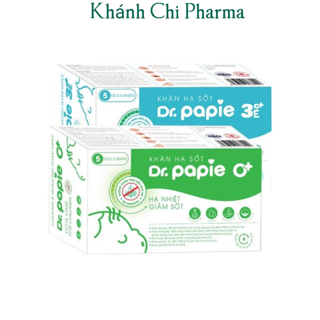 Túi 5 khăn lau hạ sốt dr. papie. Khăn lau thảo dược giúp hạ nhiệt, giảm đau , giảm sốt an toàn cho trẻ