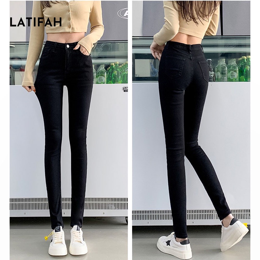 Quần dài jeans nữ co giãn LATIFAH cạp thường trơn màu đen cá tính QD023 phong cách hàn quốc