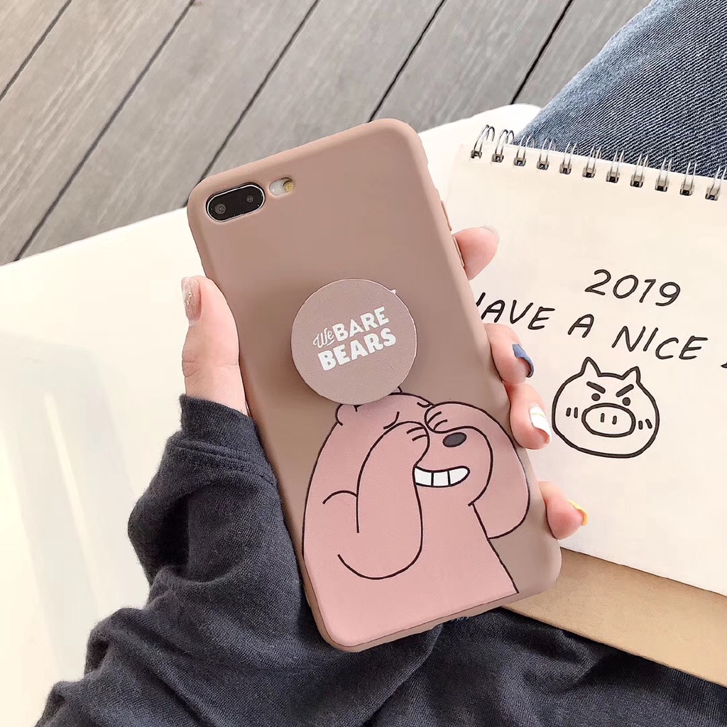 Ốp lưng OPPO A53 A92 A31 A12 A9 A7 A5 A5s A3s A1K F11 F9 F7 F1s A52 Realme 5 5i 3 C11 C3 C2 C1 Pro 2020 Cute Sit up Bear Soft Case Cover+Stand