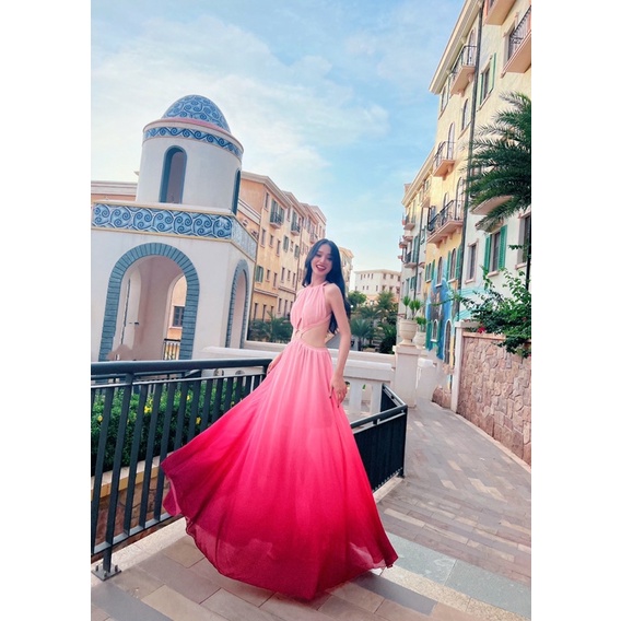 Đầm maxi ombre màu loang hở lưng khoét eo đi biển du lịch chụp hình sống ảo hàng thiết kế cao cấp